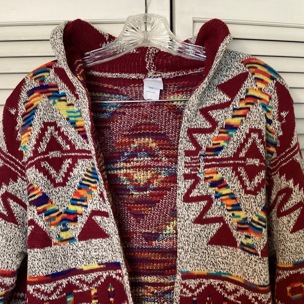 Aztec Southwestern Red and Gray Women's Hooded Cardigan Duster Northern Angel - Picture 3 of 13